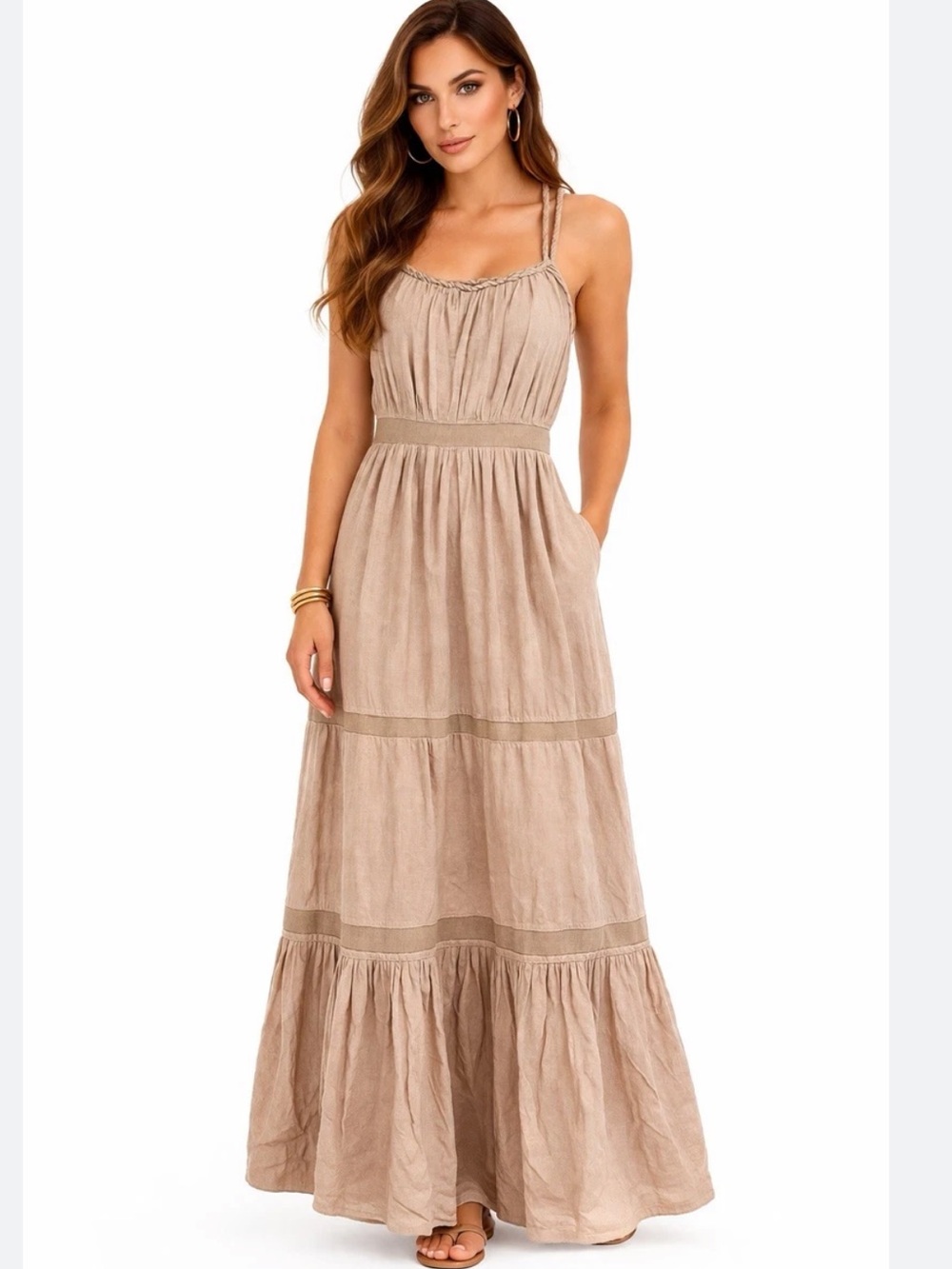 Alberta Ferretti Sleeveless  💯 Cotton Tiered Maxi Dress in Gold Taupe